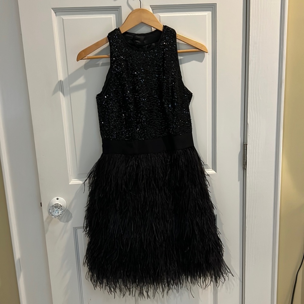 Milly of New York black sequin ostrich feather skirt dress size 4